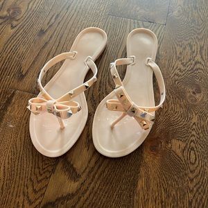 Nude jelly flip flops w/ gold square accents. Excellent shape / Valentino dupes